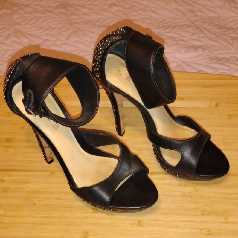 LAMB Woman's Black Studded Platform Ankle Strap Heels, Size: 6.5